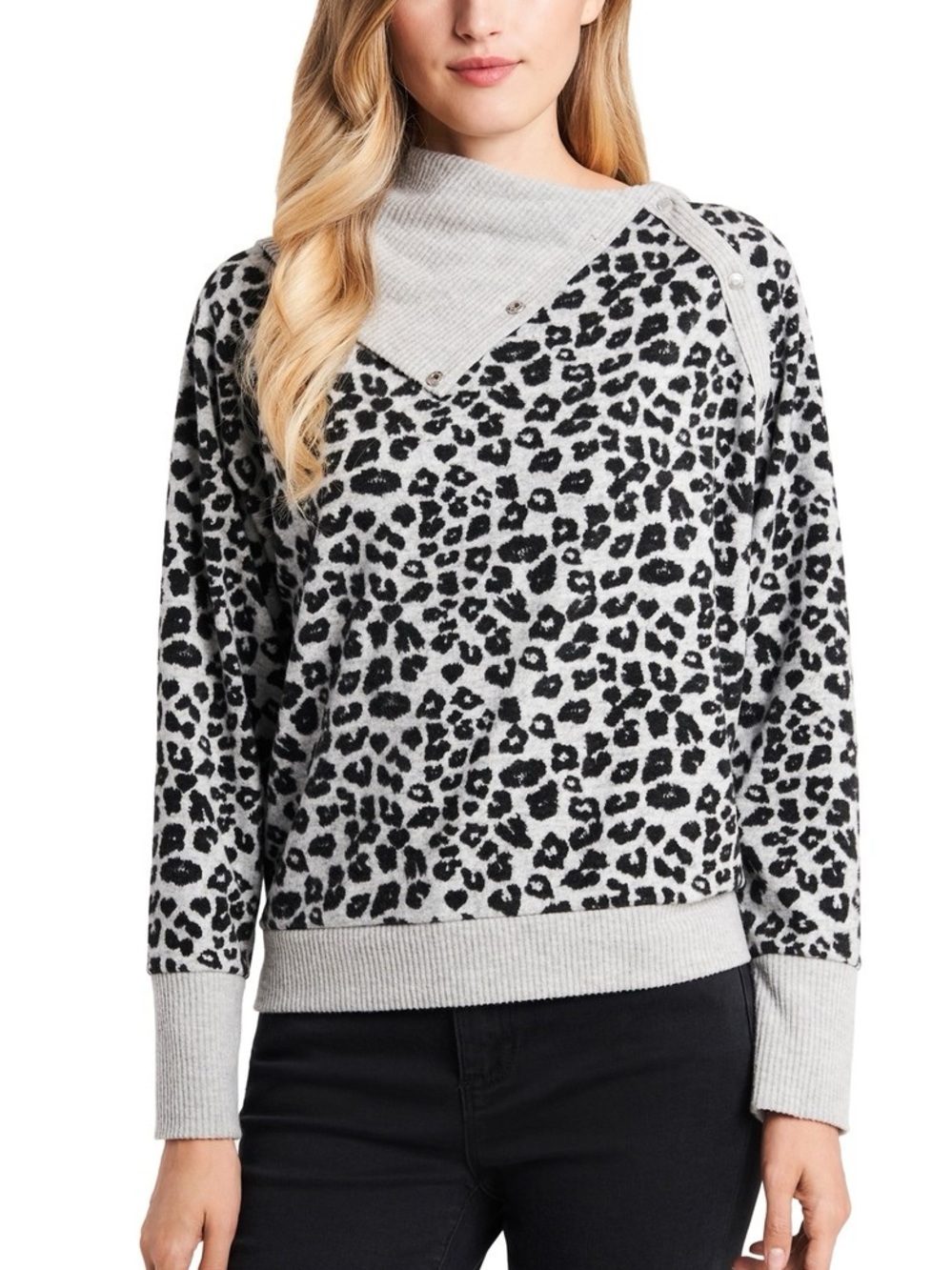 Zac & Rachel Super Soft Light Gray Leopard Print Cowl-Neck Tunic Sweater